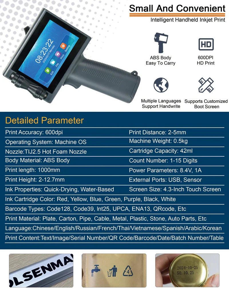 HUMJIHIRO Portable Thermal Inkjet Printer 12.7mm Unencrypted Handheld Inkjet Printer Variable QR Barcode Logo Expiry Date