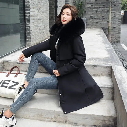 Women Winter Parka – Hooded Fur Collar Thick Warm Long Coat