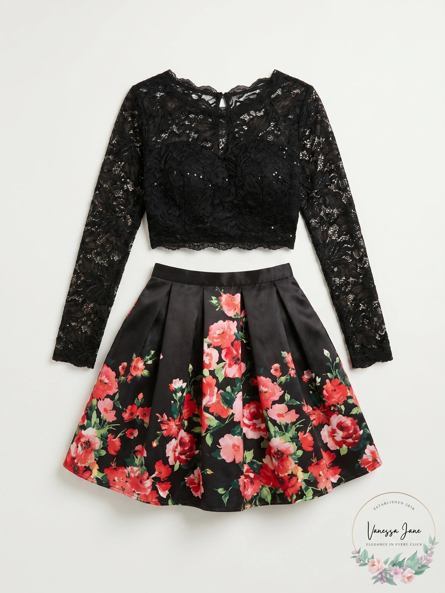 Juniors Sequin Hearts Long Sleeve 2pc. Lace/Floral Mikado Skirt, Size 11/12