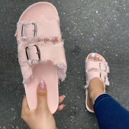 Casual Solid Canvas Buckle Denim Flat Slippers