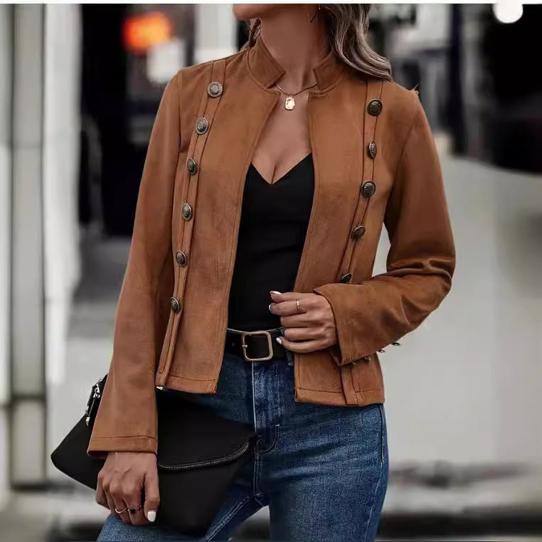 Double-row Metal Buckle Deerskin Velvet Retro Long-sleeved Coat