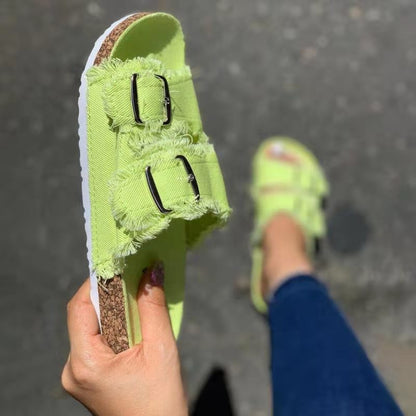 Casual Solid Canvas Buckle Denim Flat Slippers