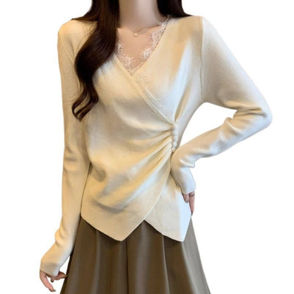 Irregular Cross-feel Lace Spliced V-neck Long Sleeve T-shirt