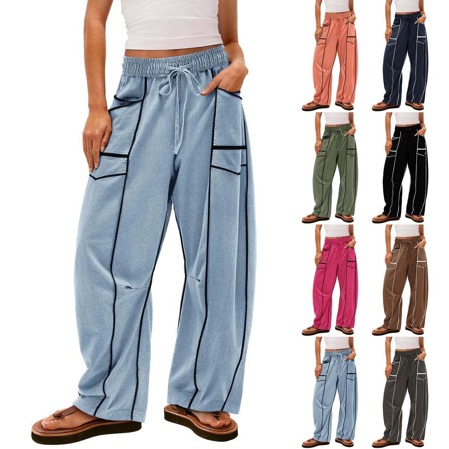 Y2K Black Striped Wide-leg Pants With Pockets Fashion Loose Drawstring Trousers Sports Sweatpants Women's Clothing