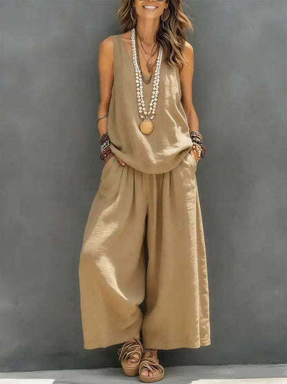 Womens Solid-Colored Casual Sleeveless Tank Top And Wide-Leg Pants Cotton-Linen Set