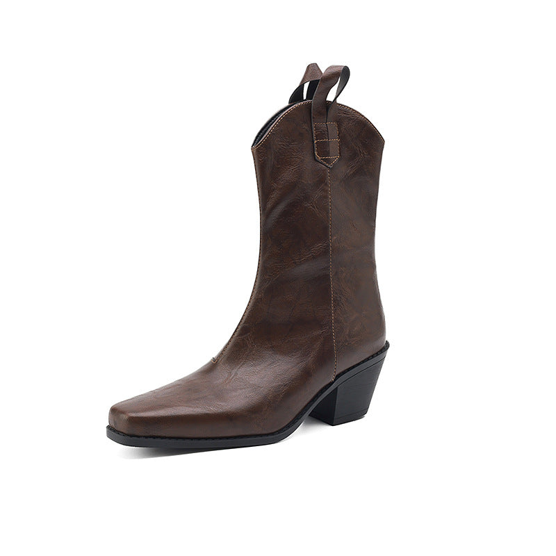 Retro Square-toe V-cut Mid-calf Boots With Chunky Heels