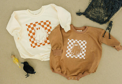 Checkered Ghost Sweatshirt Romper - more colors