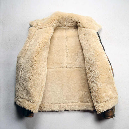 Men's Color Matching Sheepskin Leather Lapel Coat