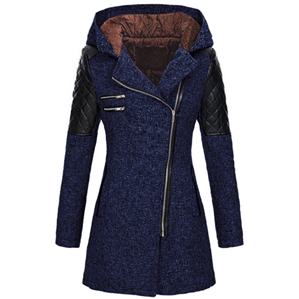 Women Warm Slim Full Zipper Coat Thick Woolen Coat Female Fall Winter Windbreaker Hooded Diagonal Zipper Women's Clothing