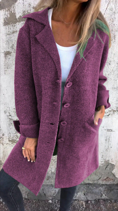 Single-breasted Polo Collar Pocket Mid-length Coat