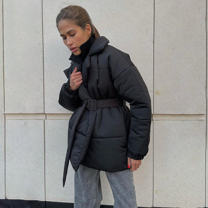 New Thickened Slimming Cinched Cotton-padded Coat Solid Color Belt Cotton Coat Jacket