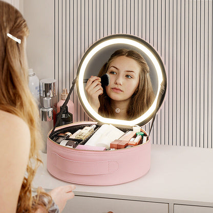 Round Makeup Bag with Mirror and LED Light (Large Capacity)