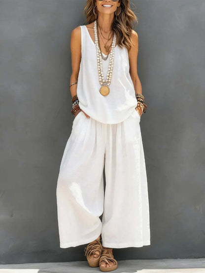 Womens Solid-Colored Casual Sleeveless Tank Top And Wide-Leg Pants Cotton-Linen Set
