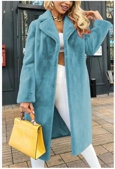 Women's Fashionable Elegant Lace-up Turn-down Collar Plush Long Coat