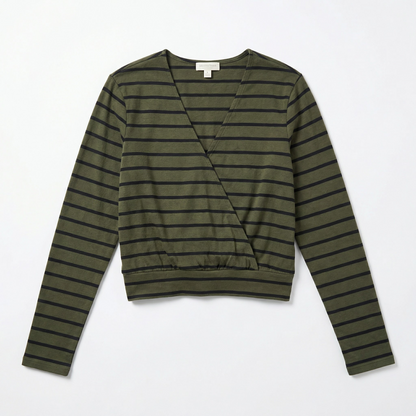Ultra Flirt Smocked Hem Top Long Sleeve Striped Green /Black Size XL