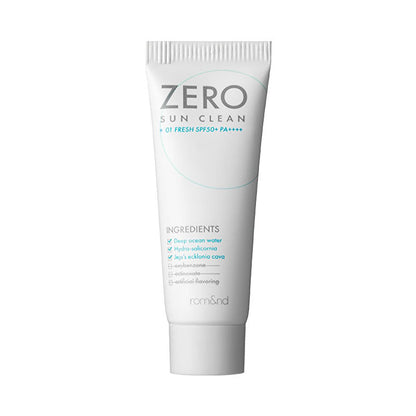 rom&nd Zero Sun Clean SPF 50+ Sunscreen - Gentle, Chemical-Free, Makeup Compatible UV Protection
