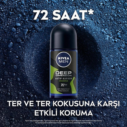Nivea Men Deep Dimension Amazonia Roll-on Deodorant - Long Lasting Anti-Perspirant Protection for Men, 72 Hours Freshness, Masculine Scent
