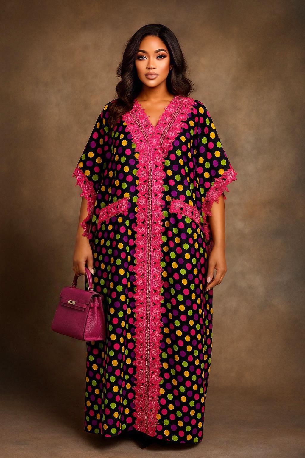 IMPERIALE “Àbímisí” Lace-Embellished Ankara Bubu Kaftan (Pink Lace × Multicolor Polka Dots)