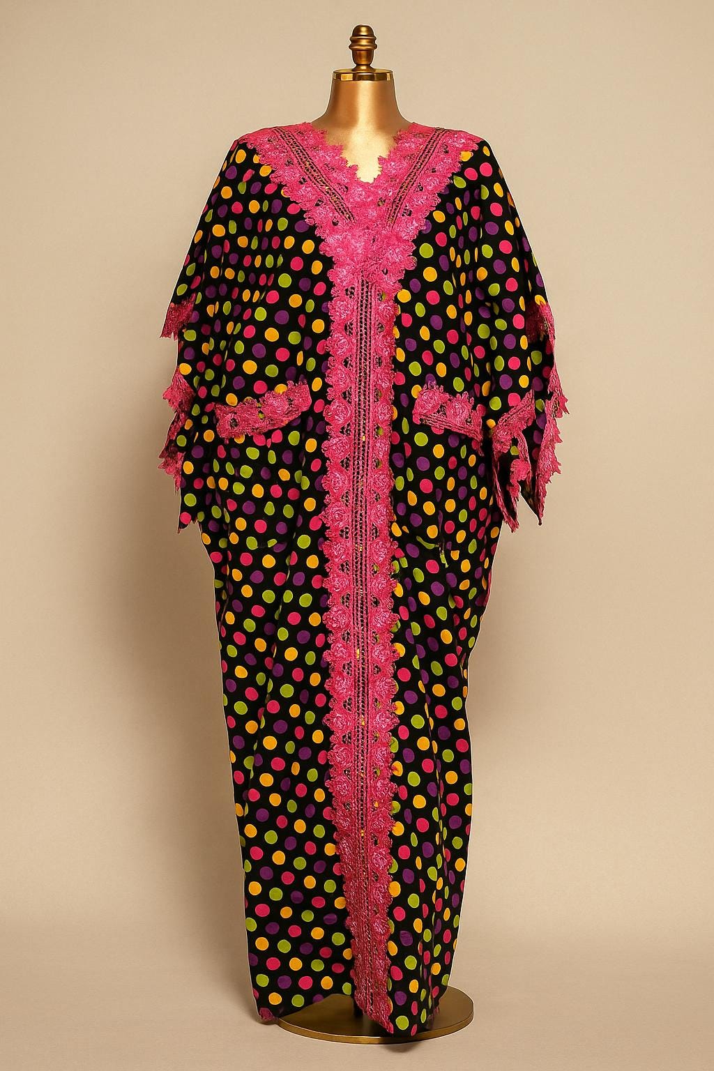 IMPERIALE “Àbímisí” Lace-Embellished Ankara Bubu Kaftan (Pink Lace × Multicolor Polka Dots)