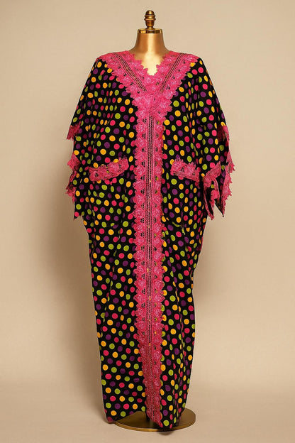 IMPERIALE “Àbímisí” Lace-Embellished Ankara Bubu Kaftan (Pink Lace × Multicolor Polka Dots)