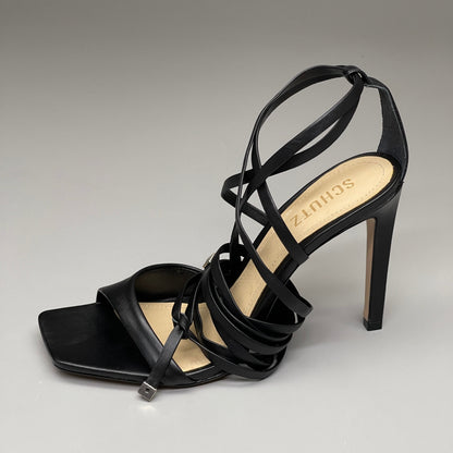SCHUTZ Bryce Ankle Tie Women's Leather High Heel Strappy Sandal Black Sz 7B (New)