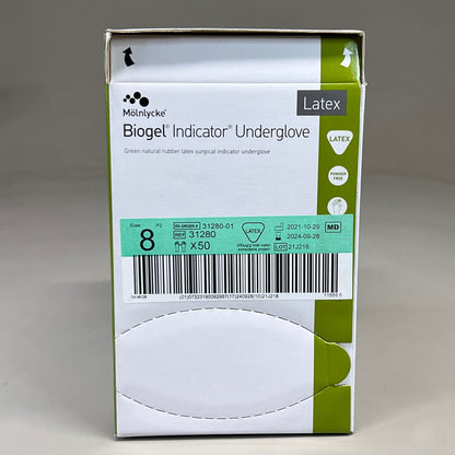 MOLNLYCKE Biogel Latex Surgical Indicator Underglove SZ 8 Green 50 Pairs 31280 (New)