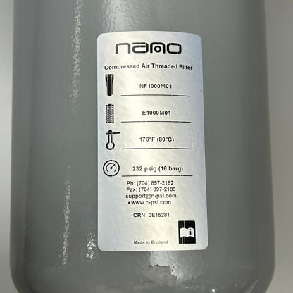 NANO NF 1000 M1 COALESCING FILTER ASSEMBLY 1000 SCFM, 3" NPT (New)
