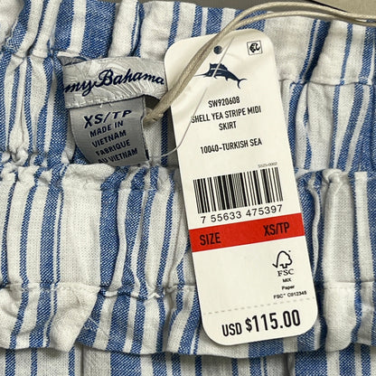 TOMMY BAHAMA Women's Shell Yea Stripe Midi Skirt Turkish Sea Size XS (New)