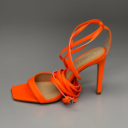 SCHUTZ Bryce Ankle Tie Women's High Heel Leather Strappy Sandal Acid Orange Sz 8 (New)