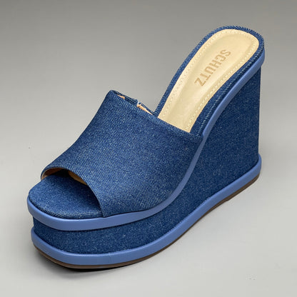 SCHUTZ Dalle Denim Women's Wedge Sandal Blue Platform Shoe Sz 7.5B (New)