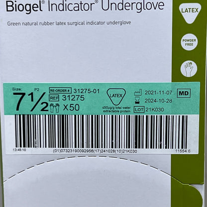 MOLNLYCKE Biogel Latex Surgical Indicator Underglove SZ 7.5 Green 50 Pairs 31275 (New)