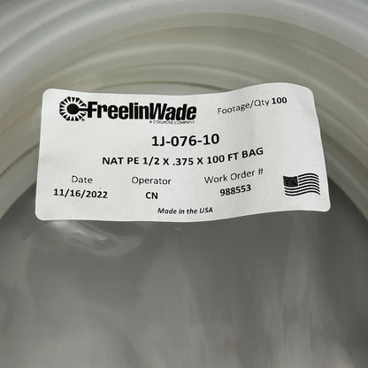 FREELIN-WADE Natural Polyethylene Tubing 100 ft 1J-076-10 (New)