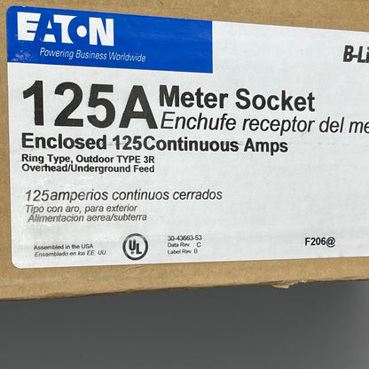 EATON B-Line 11 Meter Socket 125A 4 Jaw 1PH, NEMA 3R Top Feed 125 Amp (New)