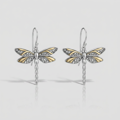 18k Yellow Gold and Sterling Silver Dragonfly Motif Drop Earrings