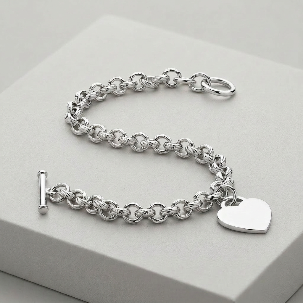 Sterling Silver Rhodium Plated Rolo Style Heart Charmed Chain Bracelet