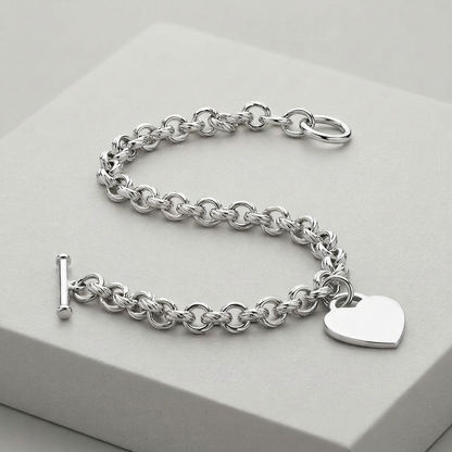 Sterling Silver Rhodium Plated Rolo Style Heart Charmed Chain Bracelet