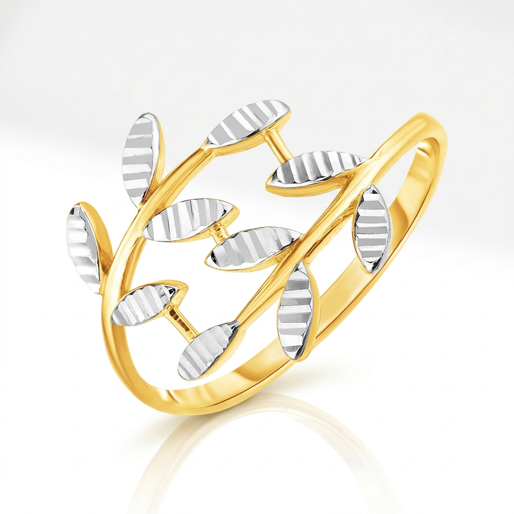 14k Two Tone Gold Crossover Ring with Textured Leaves