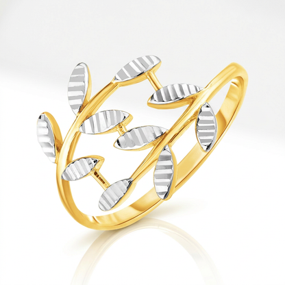 14k Two Tone Gold Crossover Ring with Textured Leaves
