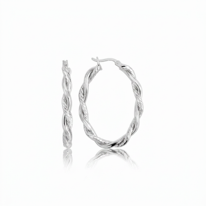 Sterling Silver Oval Hoop Braided Diamond Cut Earrings