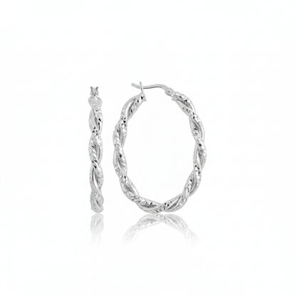 Sterling Silver Oval Hoop Braided Diamond Cut Earrings