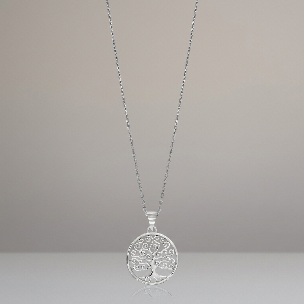 Sterling Silver Round Spiral Motif Tree of Life Necklace
