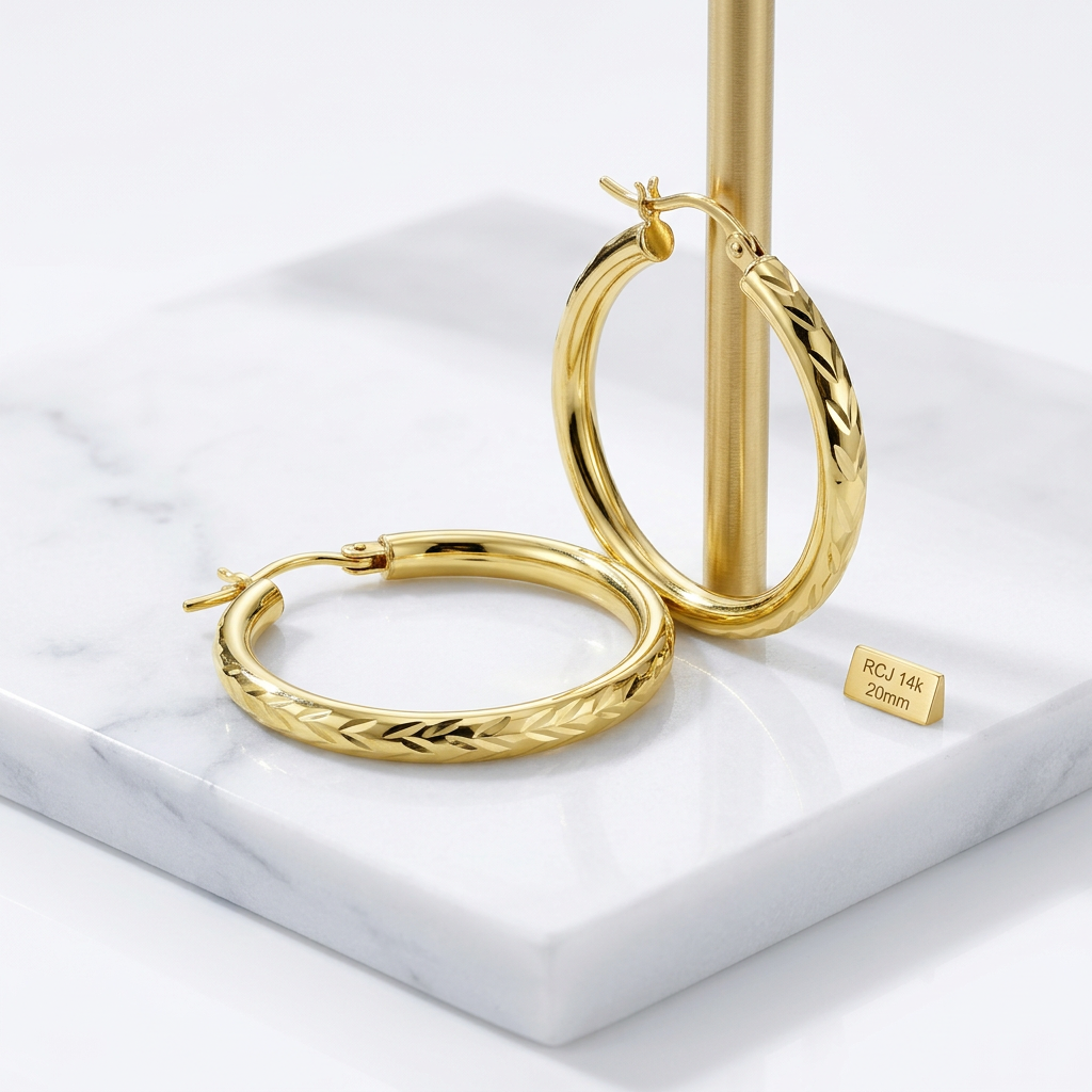 14k Yellow Gold Diamond Cut Hoop Earrings (20mm)