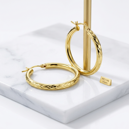 14k Yellow Gold Diamond Cut Hoop Earrings (20mm)