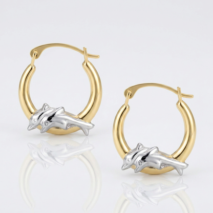 10k Two-Tone Gold Round Graduated Dolphin Design Hoop Earrings