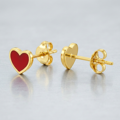 14k Yellow Gold and Enamel Red Heart Stud Earrings