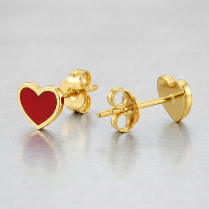 14k Yellow Gold and Enamel Red Heart Stud Earrings