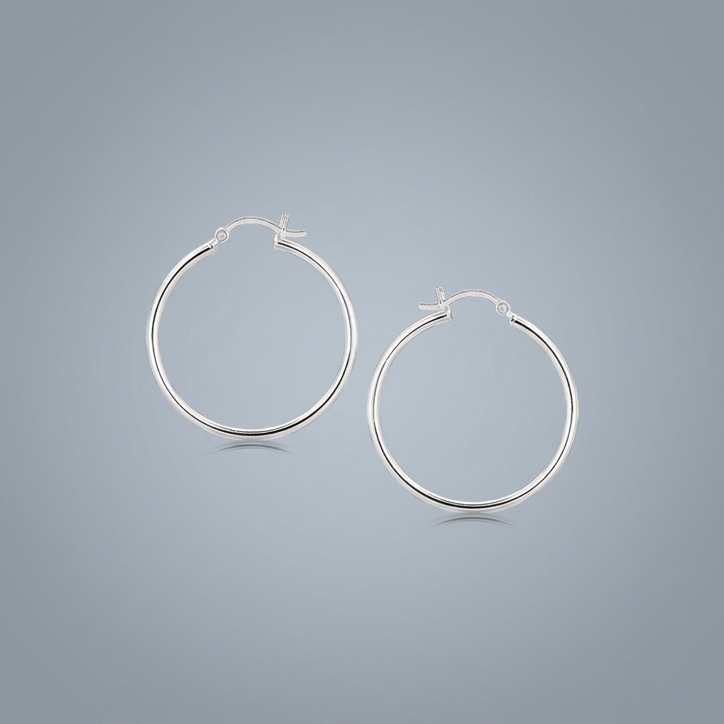 Sterling Silver Thin Polished Hoop Style Earrings with Rhodium Plating (30mm)