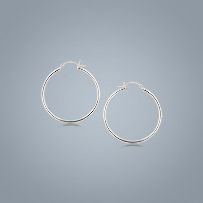 Sterling Silver Thin Polished Hoop Style Earrings with Rhodium Plating (30mm)