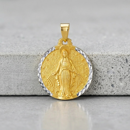14k Two Tone Gold Round Religious Medal Pendant