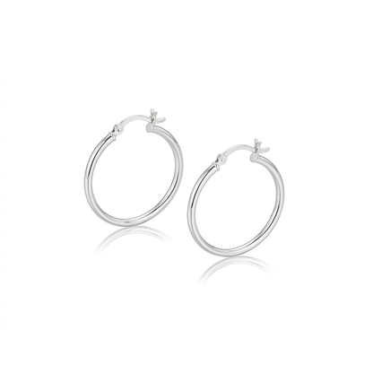 Sterling Silver Rhodium Plated Thin and Polished Hoop Motif Earrings (25mm)